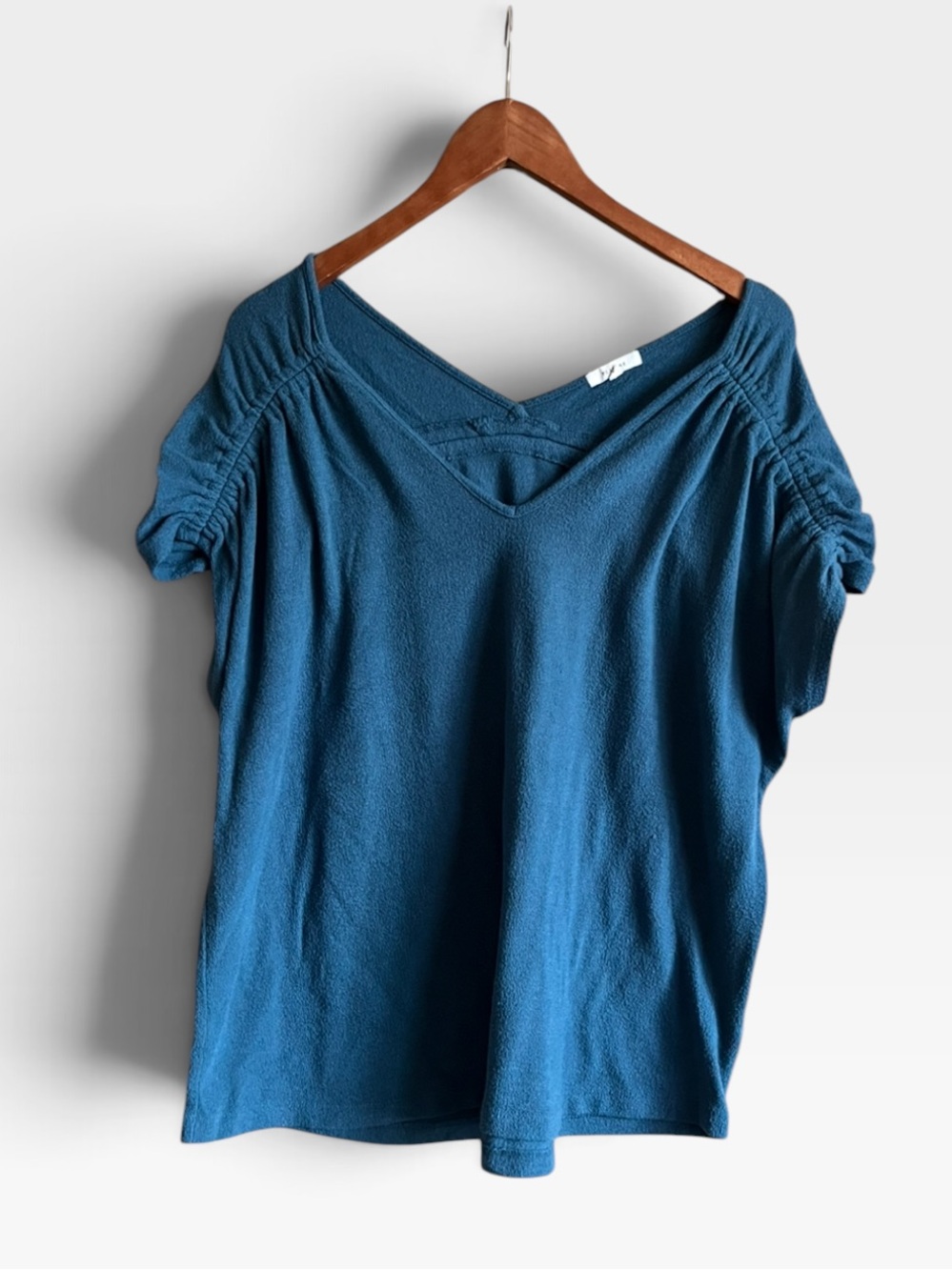 Pleione Teal Blue V-Neck Short Sleeve Ruched Top